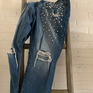 Distressed and Beaded Mom Jeans